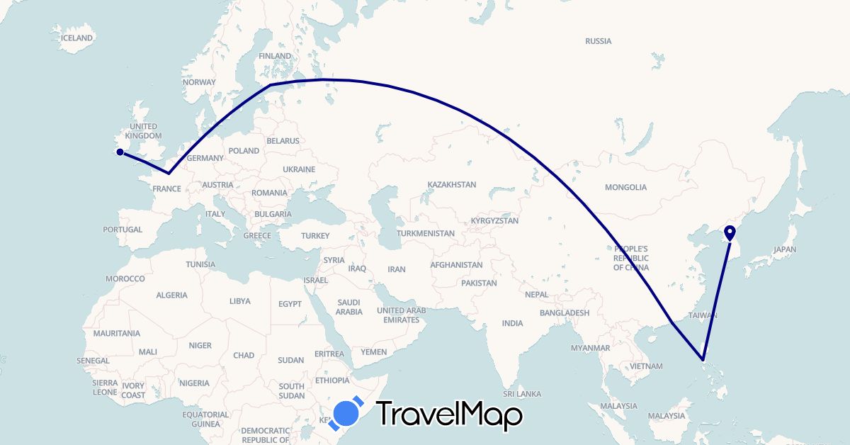 TravelMap itinerary: driving in China, Finland, France, Ireland, South Korea, Philippines (Asia, Europe)